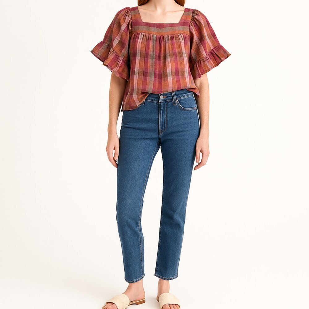 BeachLunchLounge Pink Brown Linen Blouse Square Neck Ruffle Sleeve Cottagecore